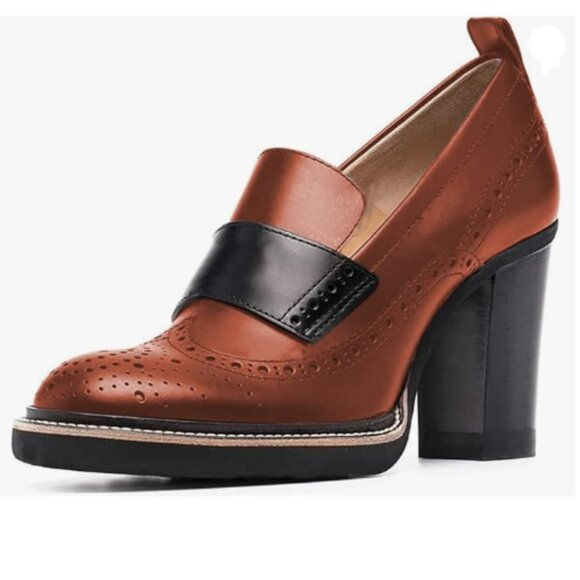 YDN Brown Black Chunky High Heels Round Toe Oxford Loafer Dress Shoe - Picture 1 of 8